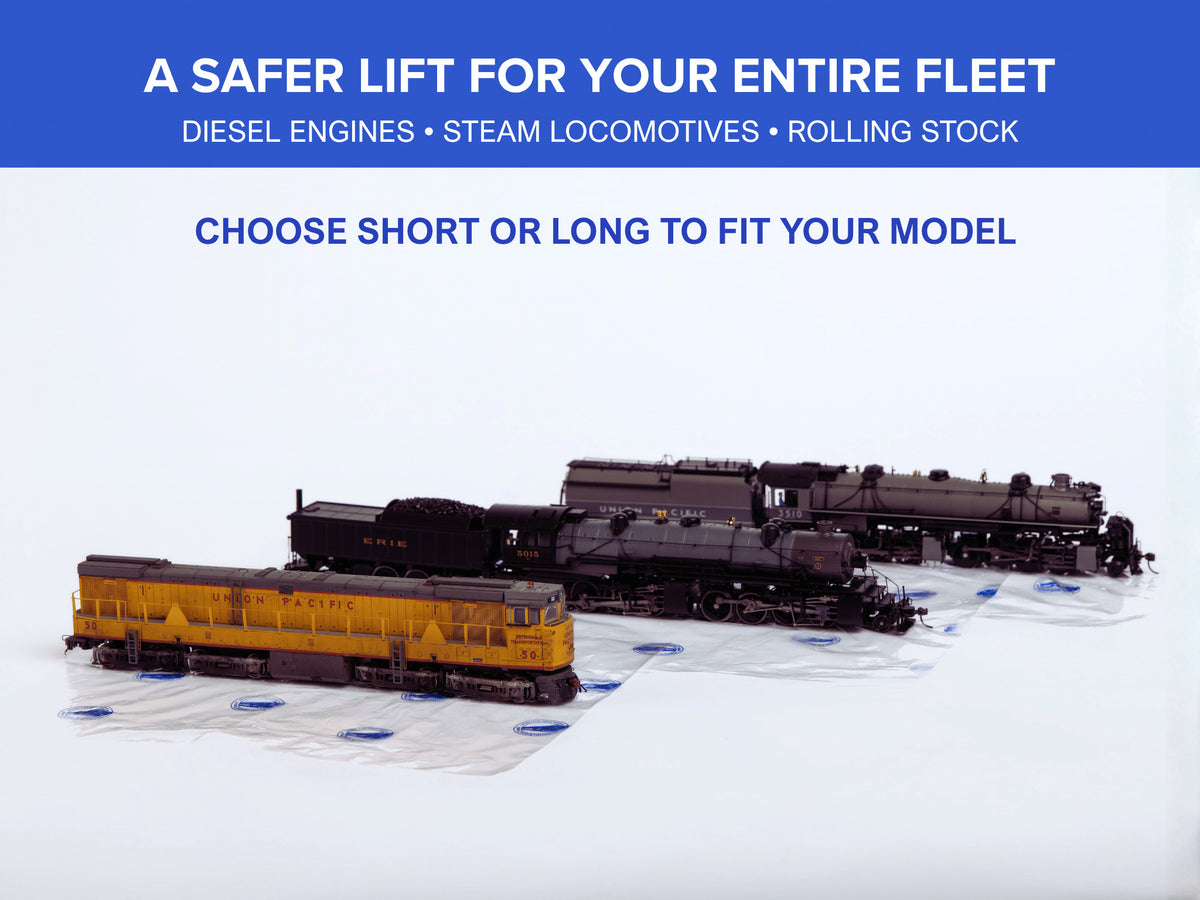 Three HO locomotives resting on Pro Pak Easy-Lift Sheets — diesel, steam and articulated steam