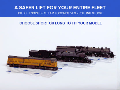 Three HO locomotives resting on Pro Pak Easy-Lift Sheets — diesel, steam and articulated steam