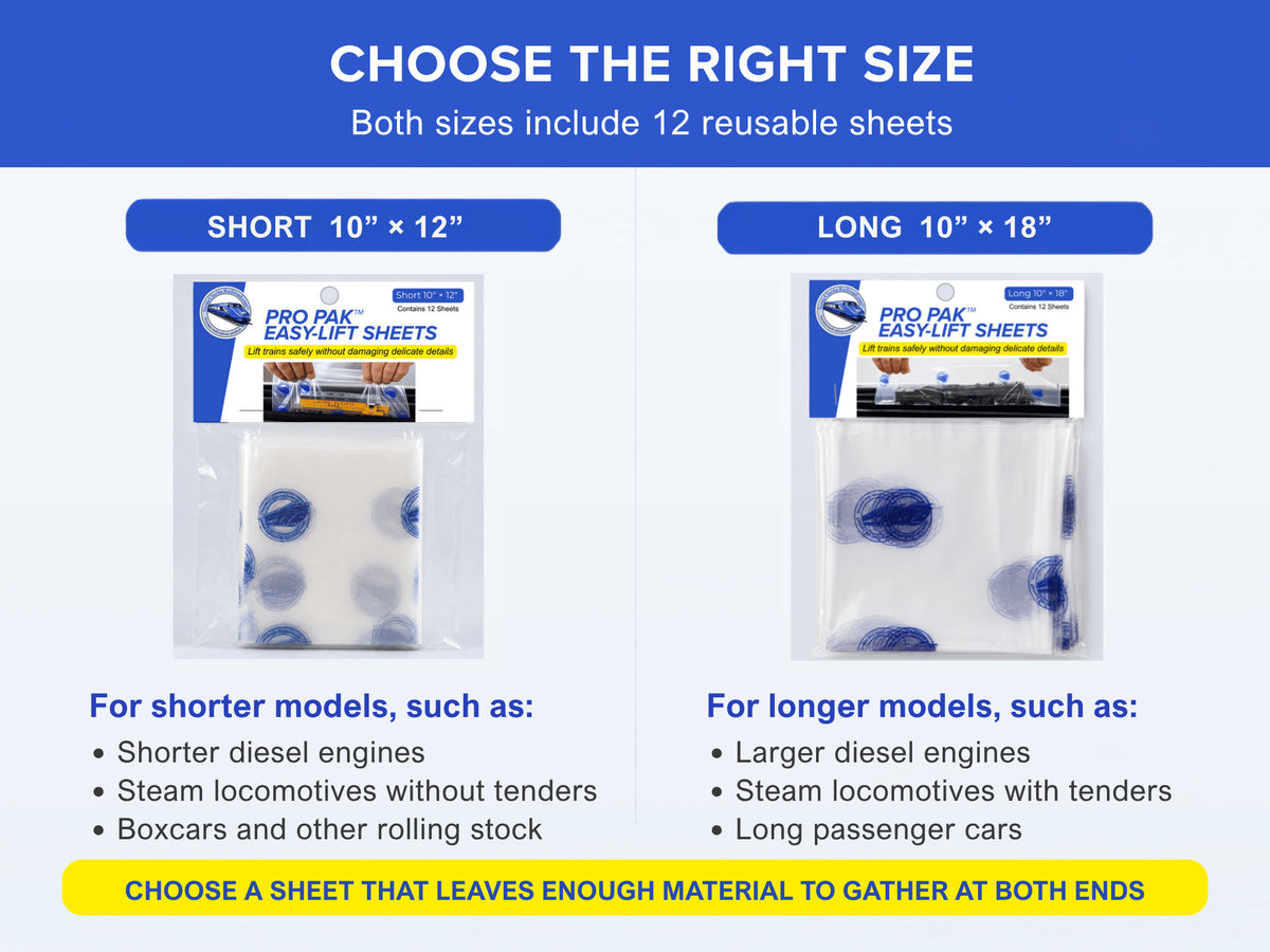 Easy-Lift Sheets size guide — Short 10 by 12 inch and Long 10 by 18 inch, 12 reusable sheets each