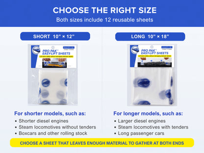 Easy-Lift Sheets size guide — Short 10 by 12 inch and Long 10 by 18 inch, 12 reusable sheets each