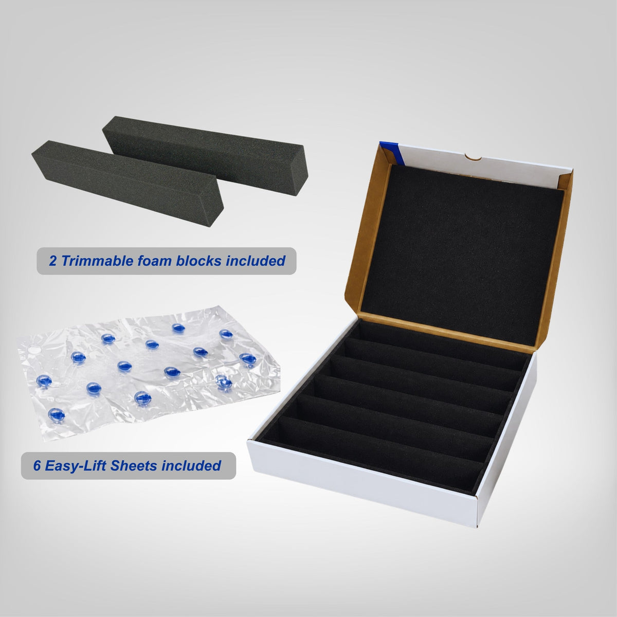 Included with every Pro Pak HO Compact box — foam top pad, 2 trimmable foam blocks, 6 Easy-Lift Sheets