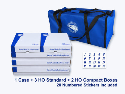 Pro Pak HO Mixed Bundle — three HO Standard and two HO Compact boxes fanned beside the Carrying Case