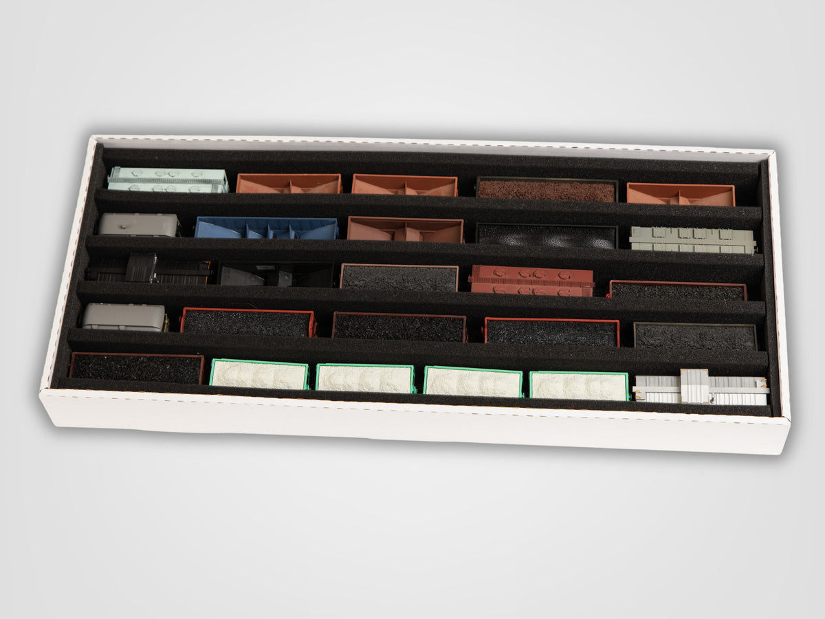 Pro Pak HO Standard box loaded with HO freight cars — hoppers, gondolas and covered wagons