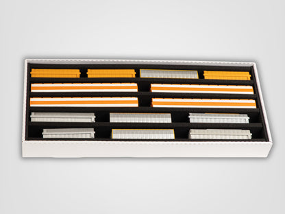 Pro Pak HO Standard box loaded with orange and silver HO passenger cars stored upright