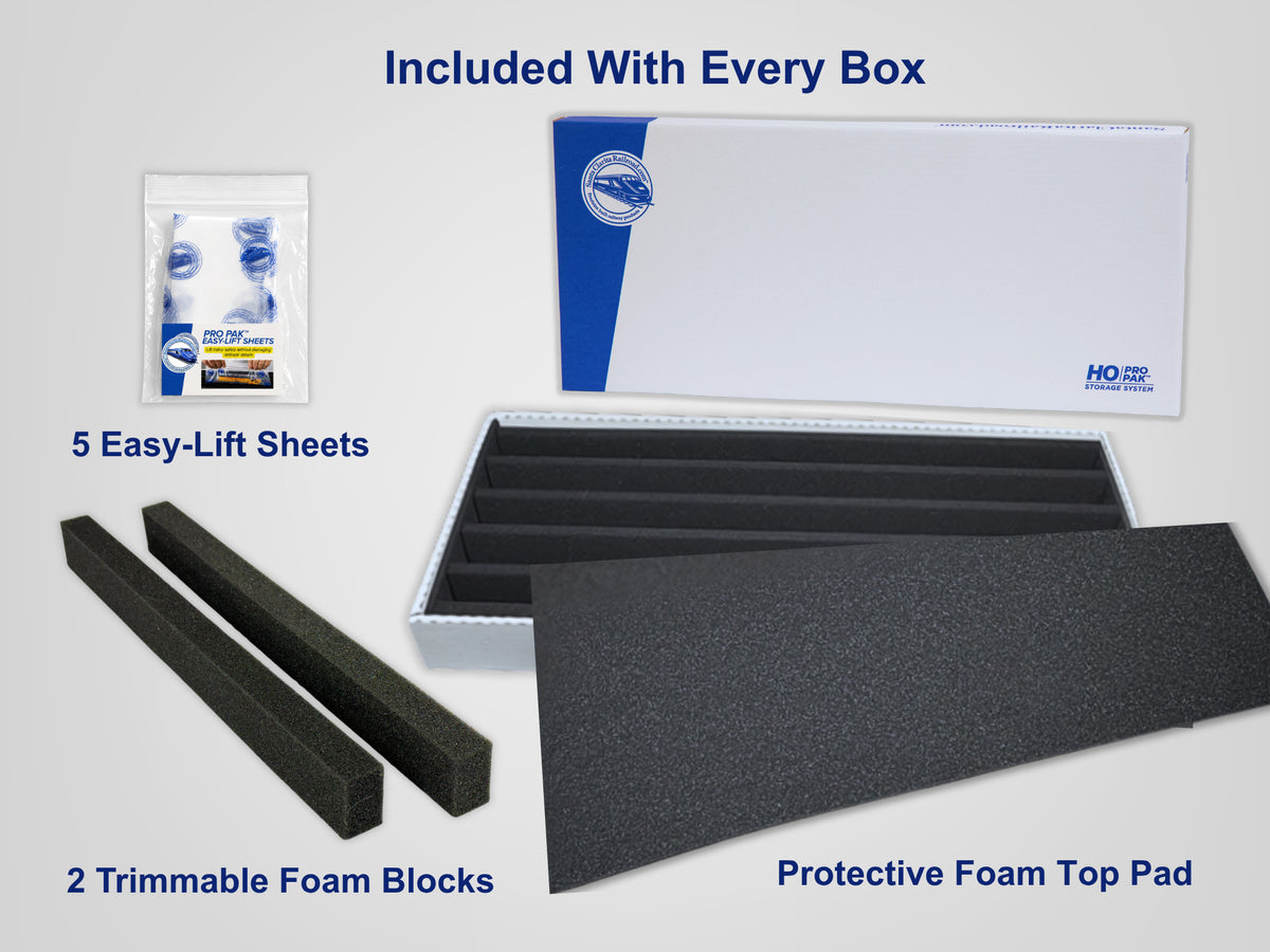 Included with every Pro Pak HO Standard box — foam top pad, 2 trimmable foam blocks, 5 Easy-Lift Sheets