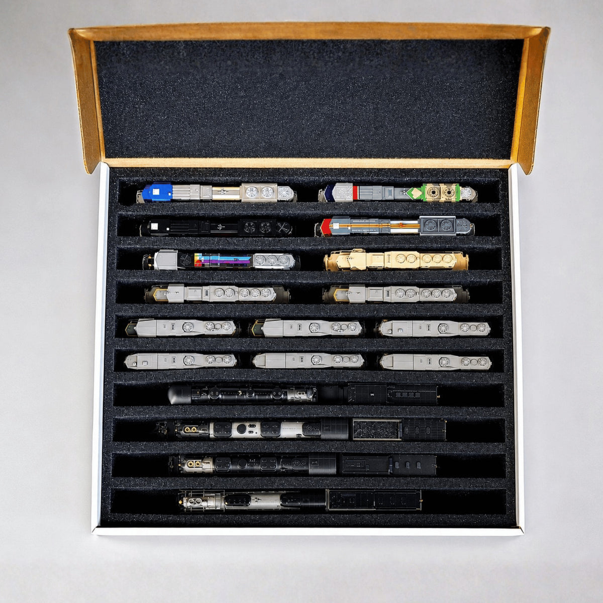Overhead view of a loaded Pro Pak N Compact box, ten beveled channels