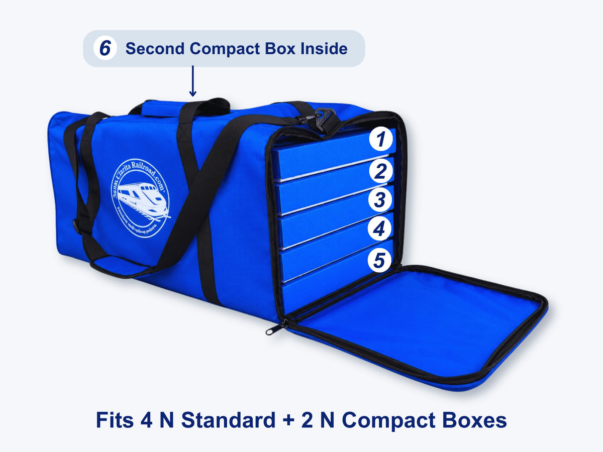 Four N Standard and two N Compact Pro Pak boxes loaded in the Carrying Case, slots numbered