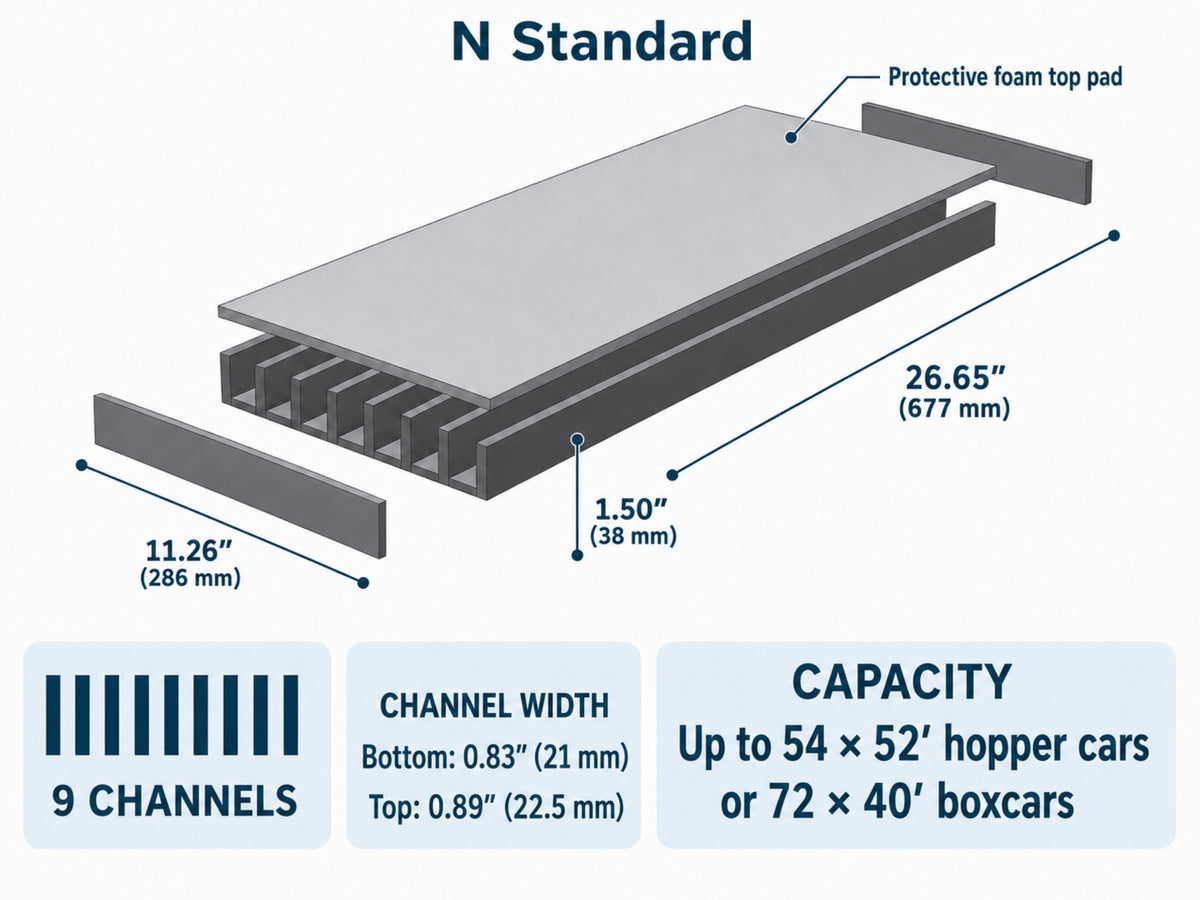 Pro Pak N Standard foam layout — 9 channels, holds 54 hopper cars or 72 boxcars