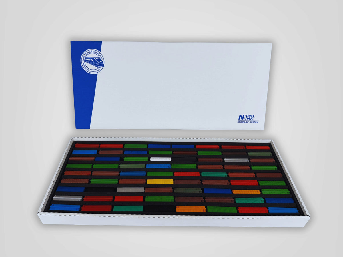 Pro Pak N Standard box filled with colourful N scale rolling stock, lid standing behind