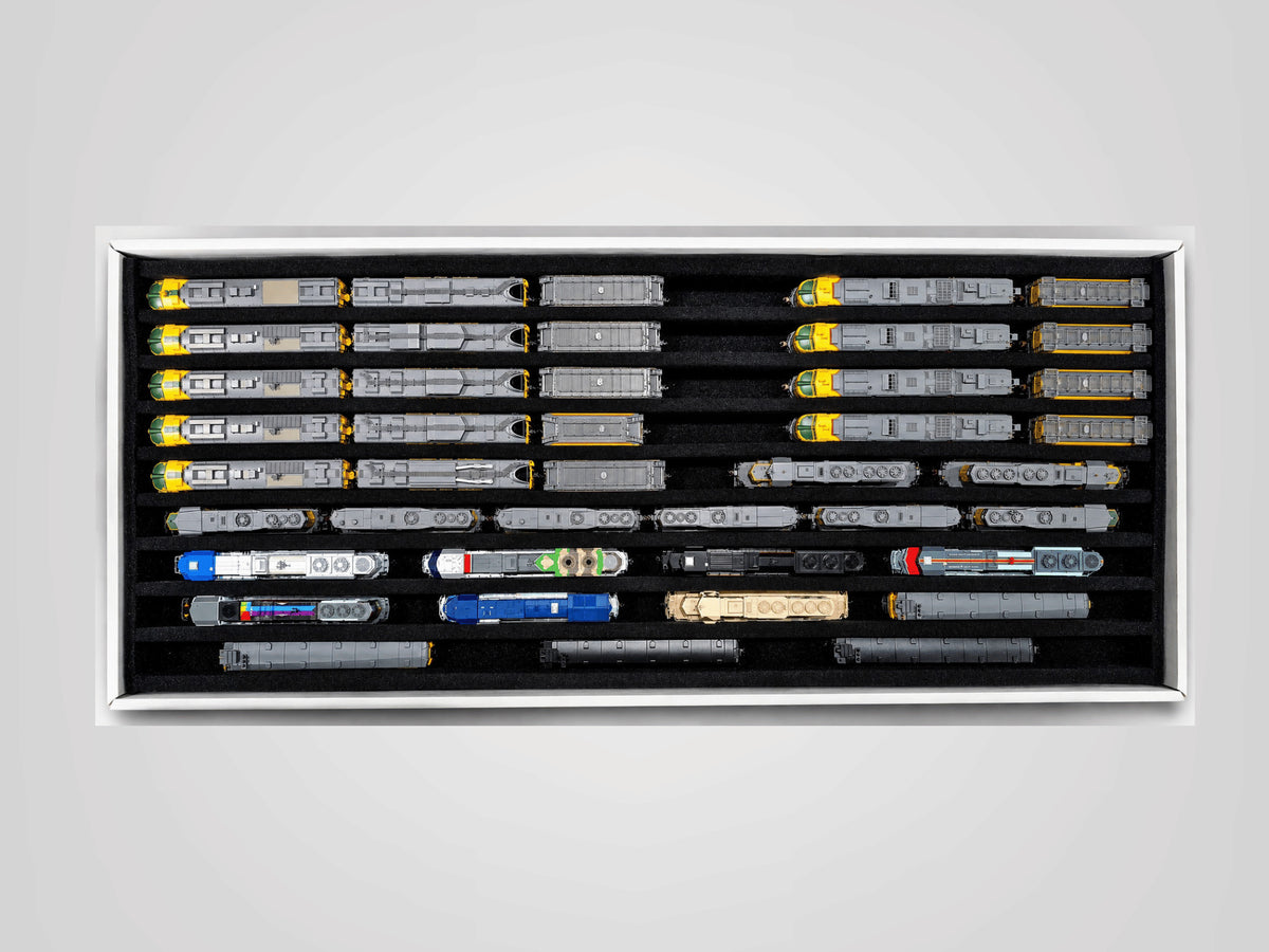 Pro Pak N Standard box loaded with N scale locomotives stored upright in beveled channels